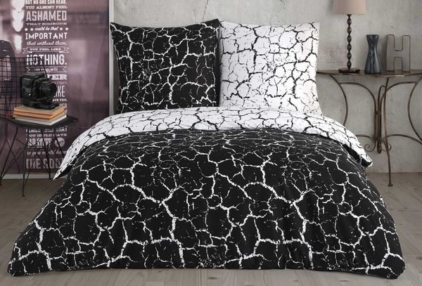 Buymax Bettwäsche, Renforce: 100% Baumwolle, 3 teilig, 200x220 cm, mit Reißverschluss, Muster Marmor, Schwarz, Weiß