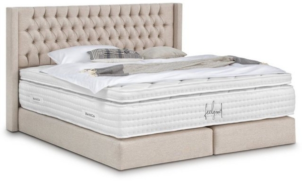 BettCo Boxspringbett Florida (in Beige Webstoff, 200 x 200 cm), Kopfteil mit Ohren, Topper optional, Gleiterfüße Bild 4