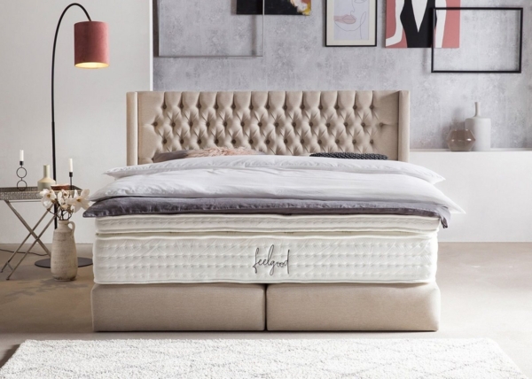 BettCo Boxspringbett Florida (in Beige Webstoff, 200 x 200 cm), Kopfteil mit Ohren, Topper optional, Gleiterfüße Bild 5