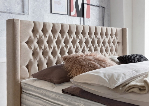 BettCo Boxspringbett Florida (in Beige Webstoff, 200 x 200 cm), Kopfteil mit Ohren, Topper optional, Gleiterfüße Bild 2