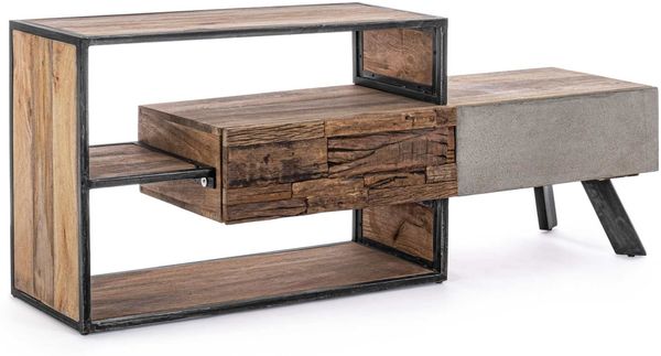 TV-Board aus Mangoholz, modernes Design mit Metallgestell, natur und grau, 145 cm, Bizzotto