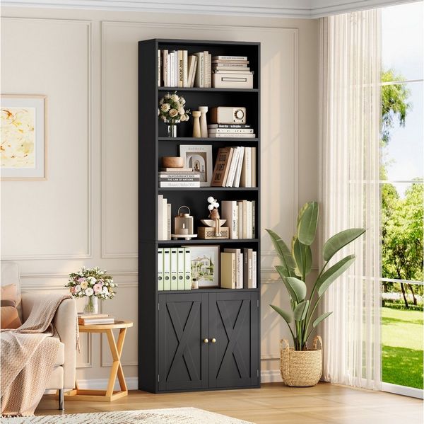 Homfa Bücherregal Standregal Büroregal Bücherschrank, mit 5 offenen Fächern und 2 Türen, verstellbares Regal, 60x23,5x209cm
