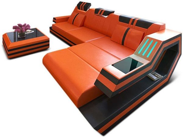 Ecksofa Ravenna L Form - Büffelleder - orange-schwarz - Rechts