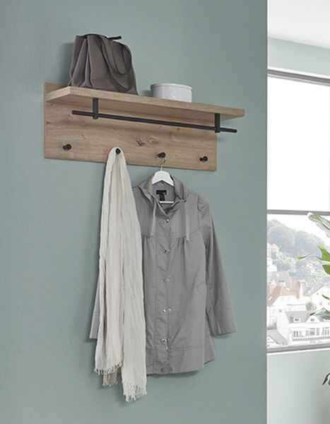 Wandgarderobe >37444< in eiche, schwarz, MDF, Metall - 75x30x26cm (BxHxT)