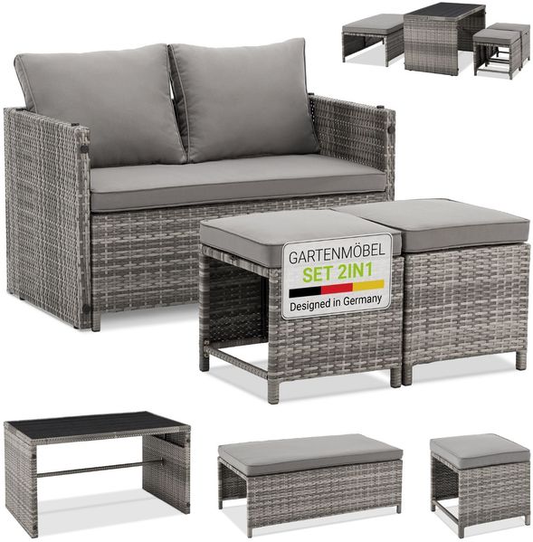 Juskys 'Jamaika' 2in1 Relax Gartenmöbel Set - Tisch, Gartenlounge Sofa, Polyrattan Grau