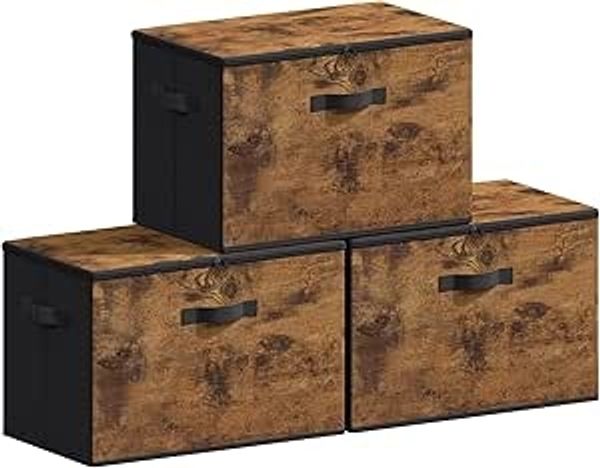 SONGMICS Aufbewahrungsbox mit Deckel, faltbare Stoffbox mit Griffen, Aufbewahrung für Kleidung, Vliesstoff, 3er Set, 50 x 30 x 30 cm, vintagebraun