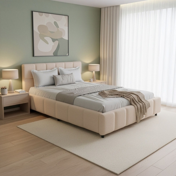 Juskys Polsterbett Florenz 140x200 cm – Bouclé, modernes Bett mit Kopf- & Fußteil, stabilem Holz- & Metallrahmen, Lattenrost, 500 kg Tragkraft – Beige