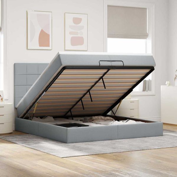 vidaXL Ottoman-Bett mit Matratzen & LEDs Hellgrau 200x200 cm Stoff 3314031