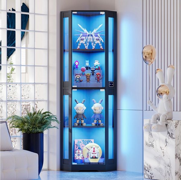 BROTTAR Eckvitrine 4-stöckiger Eckglasanzeigeschrank mit LED -Leuchten (1-St) modernes griffloses Design, 9kg Tragkraft pro Regal