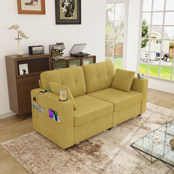 2-Sitzer-Sofa 172 x 75 x 82 cm mit USB-Anschlüssen, 2 Schubladen und Getränkehaltern, Chenille in Senfgelb