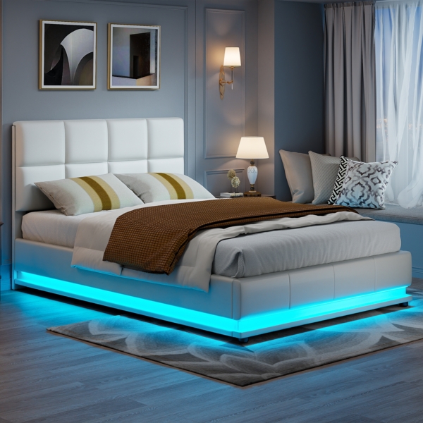 Polsterbett 140x200 cm mit LED Beleuchtung & Hydraulisch anhebbarer Bettstauraum,Doppelbett Bettkasten & Lattenrost Bezug aus Kunstleder Erwachsenen Jugendbett (Weiß)