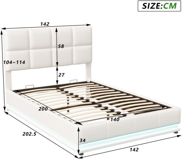 Polsterbett 140x200 cm mit LED Beleuchtung & Hydraulisch anhebbarer Bettstauraum,Doppelbett Bettkasten & Lattenrost Bezug aus Kunstleder Erwachsenen Jugendbett (Weiß) Bild 4