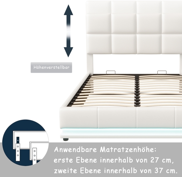 Polsterbett 140x200 cm mit LED Beleuchtung & Hydraulisch anhebbarer Bettstauraum,Doppelbett Bettkasten & Lattenrost Bezug aus Kunstleder Erwachsenen Jugendbett (Weiß) Bild 5