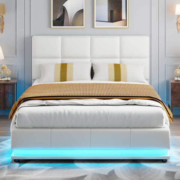 Polsterbett 140x200 cm mit LED Beleuchtung & Hydraulisch anhebbarer Bettstauraum,Doppelbett Bettkasten & Lattenrost Bezug aus Kunstleder Erwachsenen Jugendbett (Weiß) Bild 3