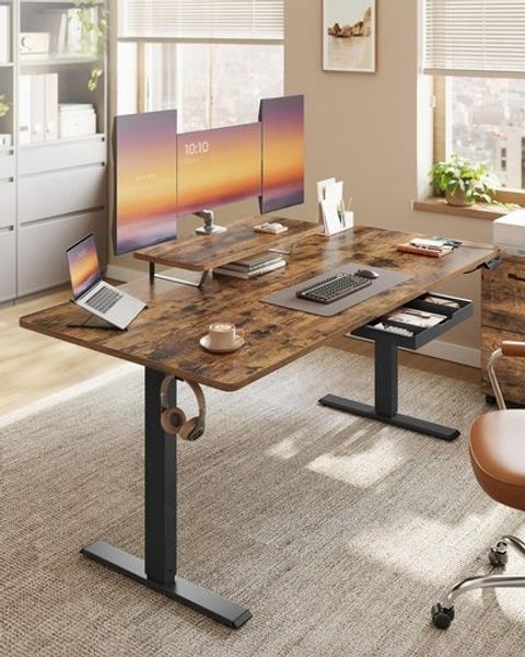 VASAGLE Höhenverstellbarer Schreibtisch, 160 x 80 cm, flexibel montierbarer Monitorständer, Schublade, USB-C-Anschluss, Erinnerung bei langem Sitzen, für Büro, vintagebraun