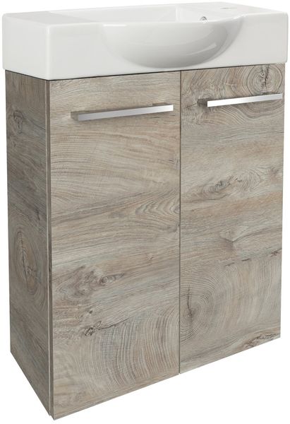FACKELMANN SBC STANFORD Gäste WC Waschtisch Set 55 cm breit, Braun hell, Waschbecken Keramik Weiß, Hahnloch rechts