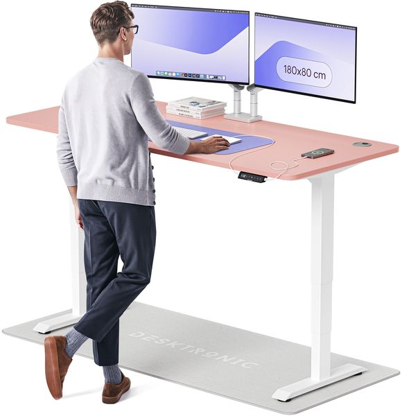 Desktronic HomePro Elektrisch höhenverstellbarer Schreibtisch 180x80cm Weiß/Rosa mit Memory-Funktion, Anti-Kollisions Technologie, USB-A und USB-C-Ladeanschlüssen
