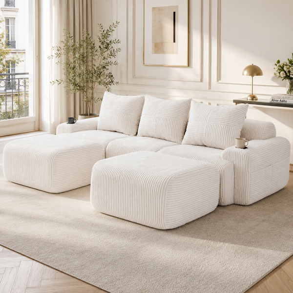 Modulares 3-Sitzer Cordsofa m. 2 Hockern, Getränkehalter, Tasche, Beige