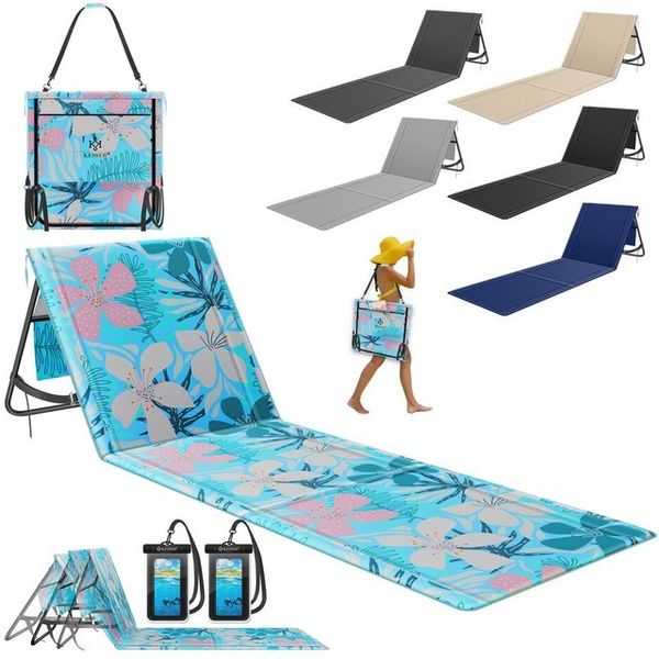 KESSER® Strandmatte klappbar mit verstellbarer Rückenlehne, Strandliege faltbar mit Tragegurt, wasserdichter Handyhülle & Aufbewahrungstasche, Sonnenliege für Strand Garten Terrasse, Liegematte 130Kg Beige, 2er Set