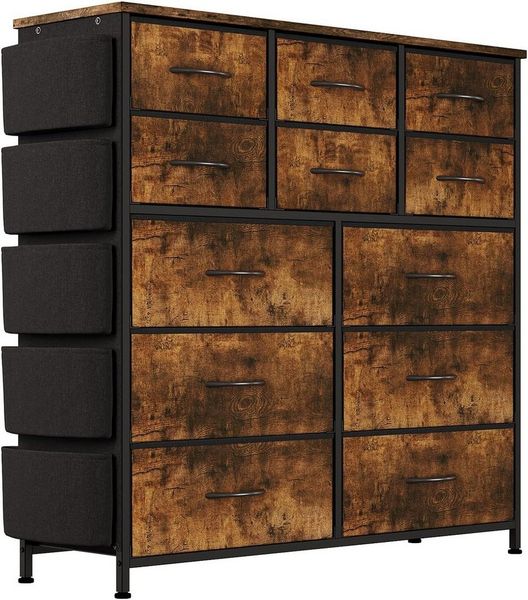 GarveeMore Kommode mit 12 Schubladen,5 Seitentaschen und 2 Haken,stabiler Metallrahmen, 6 mittlere Schubladen und 6 große Schubladen,100x99x30cm