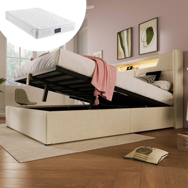 Polsterbett 160×200 cm aus Leinen-Stoff mit LED-Beleuchtung & Matratze, beige