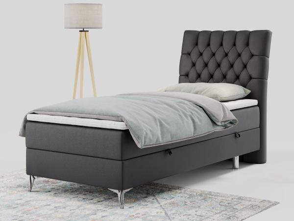 Boxspringbett MILEN, Einzelbett 90x200, Polsterbett mit Multipocket-Matratze und Topper - Dunkelgrau Kunstleder - rechts - H4