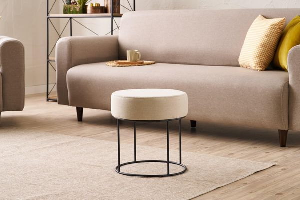 Atelier Del Sofa Stylish Cream Pouffe with Metal Legs, 40 cm Diameter & Height | 50% Cotton/50% Polyester, Easy Clean Fabric, 32 DNS Foam for Comfort | Modern Accent
