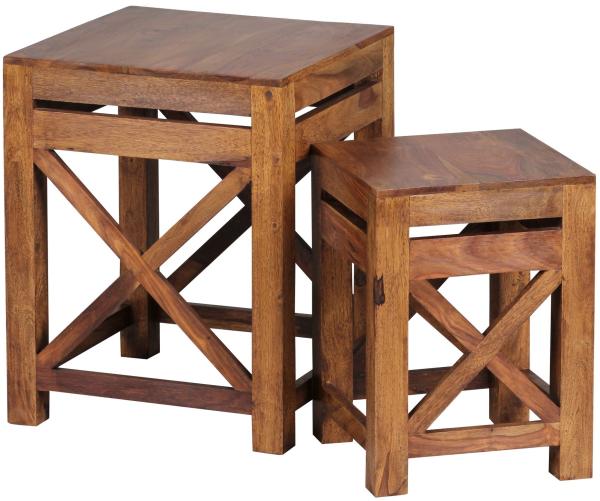 FineBuy Beistelltisch 2er-Set, Massivholz Sheesham dunkelbraun