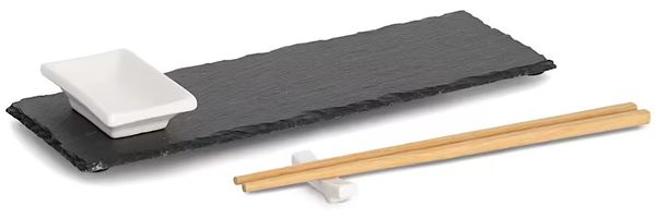 ZELLER 24527 Sushi-Set, 4-tlg, Schiefer/Keramik/Bambus, ca. 30 x 10 x 0,7 cm