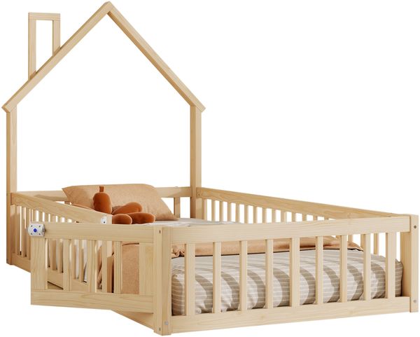 Haus-Kinderbett 90×200 cm mit Schornstein-Kopfbereich, umlaufendes Sicherheitsgitter & Lattenrost, Kiefer + E1-MDF, Natur, ohne Matratze, Gesamtmaß L205 × T100 × H147 cm