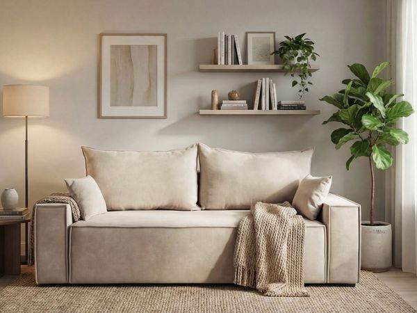 GRAINGOLD Sofa Sivra, Schlafsofa mit Bettkasten, Couch 3-Sitzer, Schlafcouch, Velour-Stoff, Beige