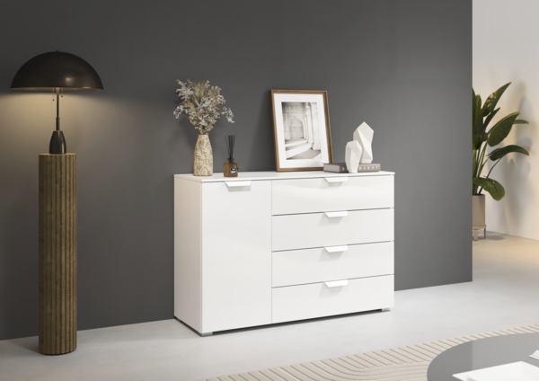 rauch Aditio Box, Kommode, 1-türig, 4 Schubladen, mit Glasfront, mit Softclose-Funktion, Farbe Weiß, BxHxT 120x81x42cm