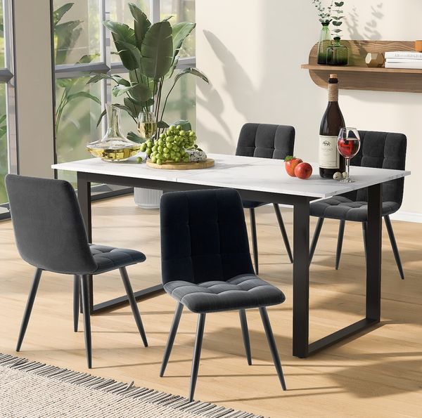 Esstischgruppe H 75 x T 80 x B 140/180 cm, ausziehbar mit weißer MDF-Platte und 4 Polsterstühlen
