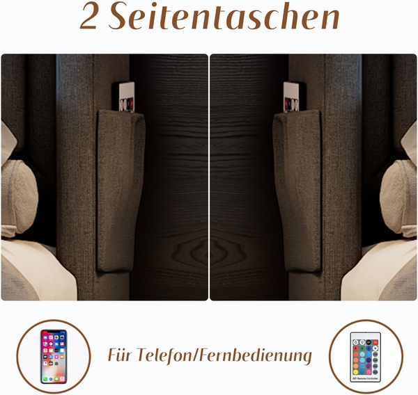 Polsterbett 160x200 cm mit 4 Schubladen, LED-Beleuchtung, USB/Type-C Ladeanschluss, Baumwoll-Leinen,Grau Bild 7