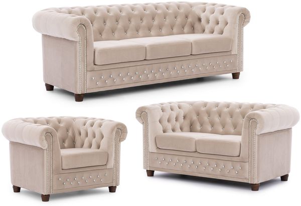 S-Style Möbel Polstergarnitur Chesterfield 3+2+1 Cleo Blink aus Samt mit Kristallsteppung, (1x 3-Sitzer-Sofa, 1x 2-Sitzer-Sofa, 1x Sessel), mit Wellenfederung