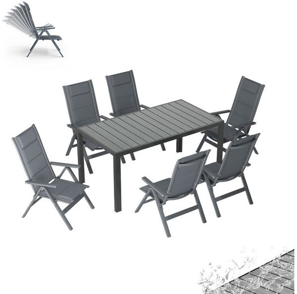 HOMALL Garten-Essgruppe Gartenmöbel Set aus klappbarer Armlehnstuhl und Aluminium Gartentisch, (7-tlg, 6 Klappstuhl (bis 160kg), 1Tisch (bis 100kg), Aluminium, Textilgewebe), Holzoptik Tisch & klappbare Stühle mit 7-fach verstellbarer Lehne