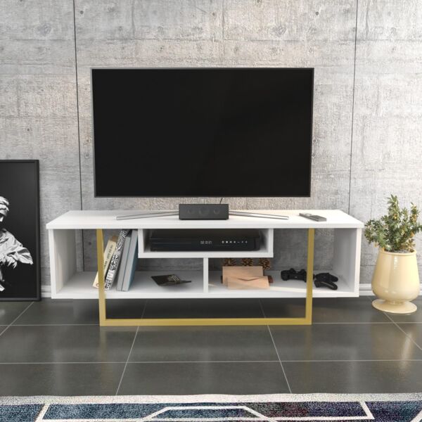 Hanah Home Glamorous TV Stand, Gold & White, 120 x 35.2 x 40.2 cm | 100% Melamine Coated Particle Board, 18 mm Thick | Stylish & Functional for Modern Living Rooms