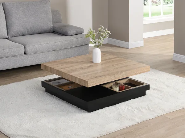 Vente-unique - FAUSTO Couchtisch Holz, Platte SchwarzBeige - B 80 cm x H 34 cm x L 80 cm