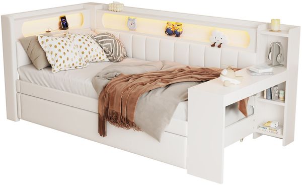 Gepolstertes 90x200 Tagesbett mit USB-Anschlüssen und LED-Gürtel, mit Ausziehbett und Schreibtisch, Weiß