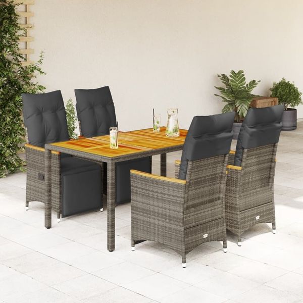vidaXL 5-tlg. Garten-Bistro-Set mit Kissen Grau Poly Rattan 3276969