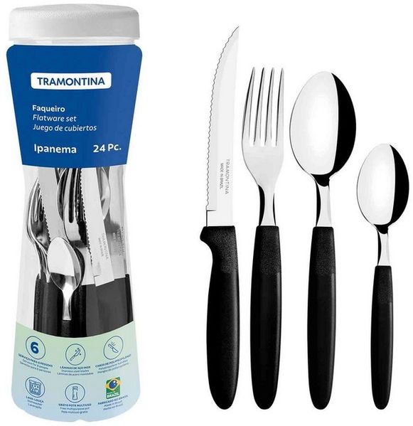 Tramontina Besteck-Set IPANEMA - 24-tlg, für 6 Personen, rostfrei, Camping (24-tlg), 6 Personen, Edelstahl, 24 Teile, komplettes Set, Picknick, spülmaschinenfest