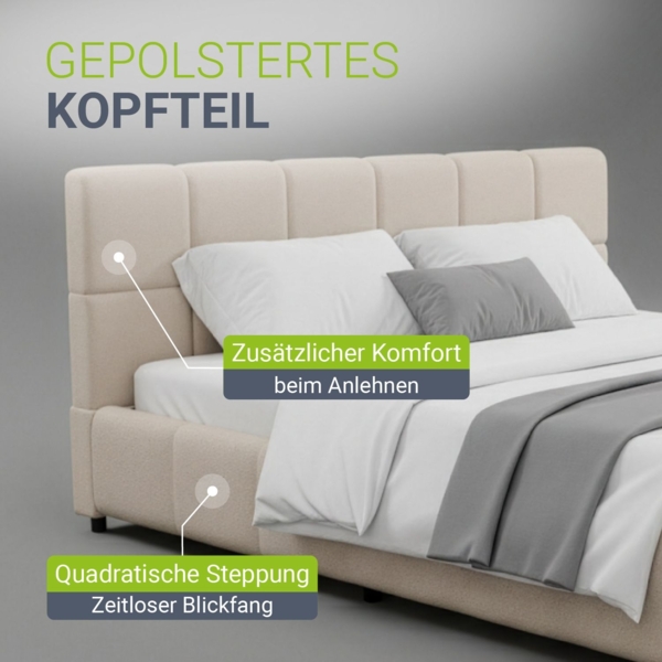 Juskys Polsterbett Florenz 180x200 cm – Bouclé, modernes Bett mit Kopf- & Fußteil, stabilem Holz- & Metallrahmen, Lattenrost, 500 kg Tragkraft – Beige Bild 5