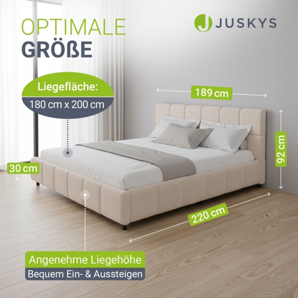 Juskys Polsterbett Florenz 180x200 cm – Bouclé, modernes Bett mit Kopf- & Fußteil, stabilem Holz- & Metallrahmen, Lattenrost, 500 kg Tragkraft – Beige Bild 3