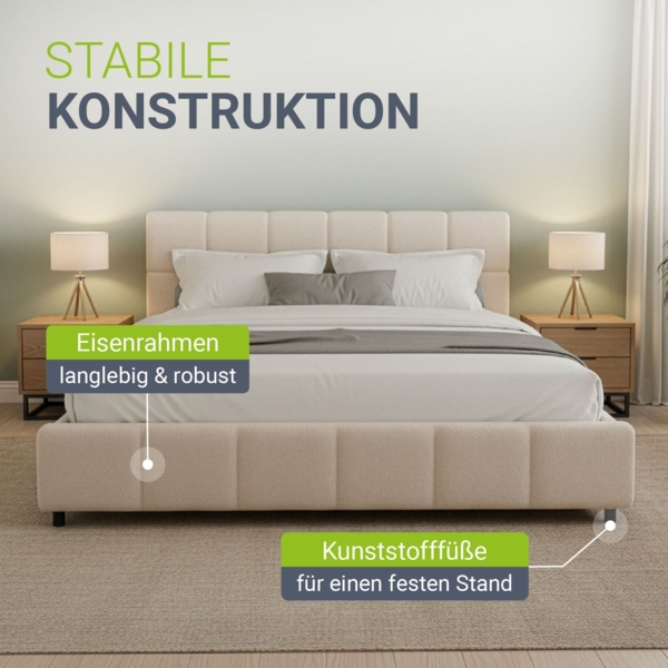 Juskys Polsterbett Florenz 180x200 cm – Bouclé, modernes Bett mit Kopf- & Fußteil, stabilem Holz- & Metallrahmen, Lattenrost, 500 kg Tragkraft – Beige Bild 6