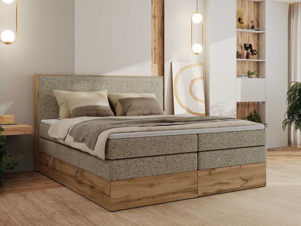 Boxspringbett, Set mit zwei Multipocket-Matratze und Topper, hohe Kopfteil, Eiche Wotan Holzrahmen - WOOD CLASSIC KING - 180 x 200 cm - Dunkelbeige Struktur - H3