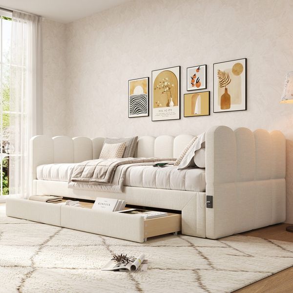 Schlafsofa mit Bettfunktion, Schubladen, Lattenrost, USB und Type-C, Liegefläche erweiterbar, 90x200cm/180x200cm, Polsterbett, Einzelbett, Leinen