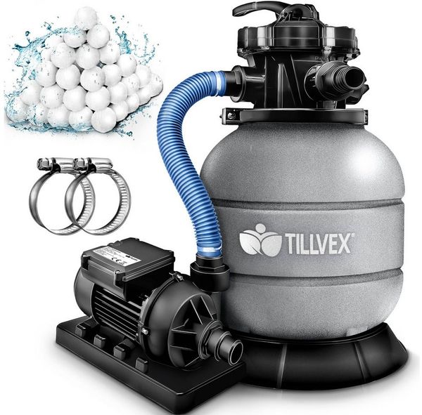 tillvex Sandfilteranlage Filteranlage 7.900L/h mit 400g Filterbällen + Pumpe Filter (Set), 7-Wege Ventil