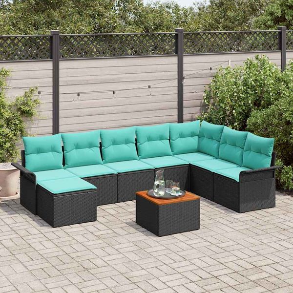 vidaXL Gartensofa-set 9 pcs Schwarz und Türkis Poly-Rattan 3356037