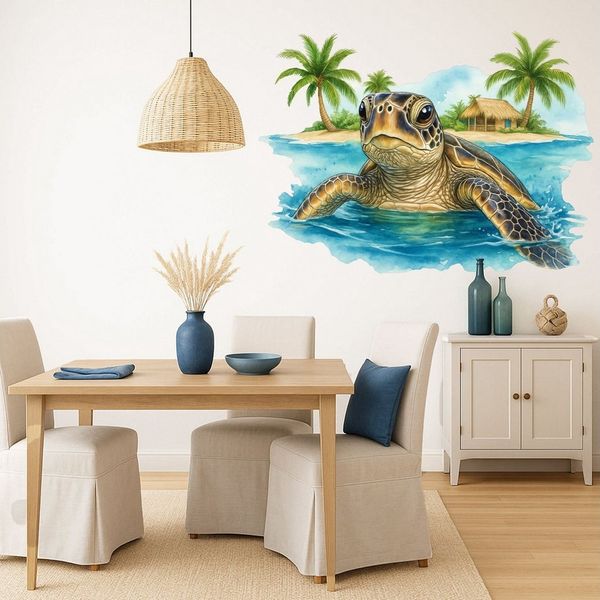 Sunnywall Wandtattoo Aufkleber Maritim Schildkröte mit Palmen & Strand, selbstklebend, konturgeschnitten, rückstandslos entfernbar