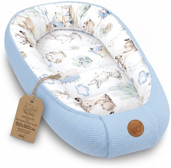 Babynest Neugeborene Nestchen Baby 90x50 cm - Kokon Handmade zweiseitig aus Baumwolle Waffel mit Babynestchen Tiere Blau